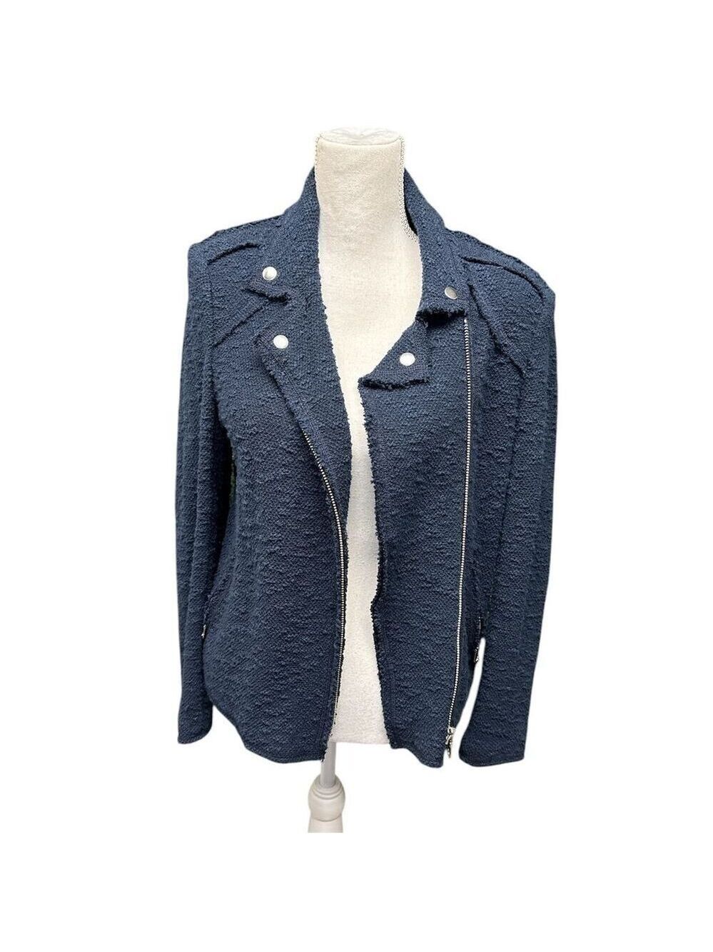 Rebecca Taylor Women's Blue Textured Moto Jacket Fringe Accents Size 12